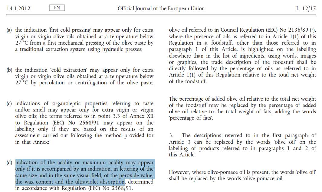 歐盟(EU)規定標籤上不得標示橄欖油的酸度