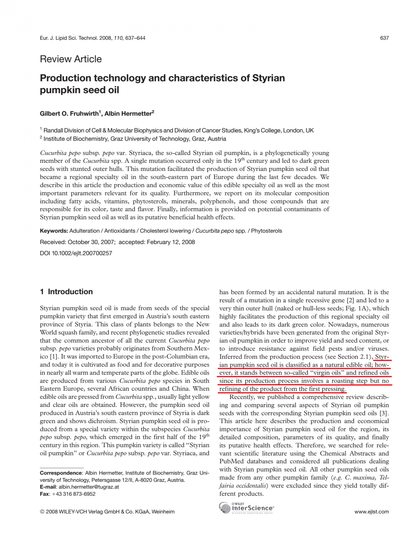Production technology and characteristics of Styrian pumpkin seed oil